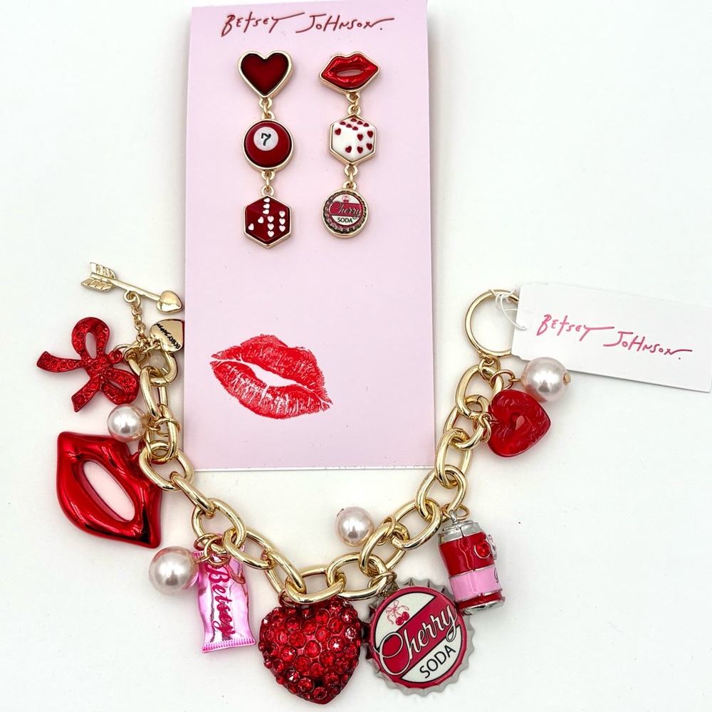 BETSEY JOHNSON Cherry Soda Charm Bracelet + Mismatch Drop Earrings 🍒💋